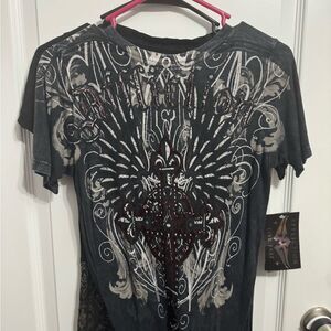 Affliction clothing Women's Dark Gray Graphic Tshirt tee gems rocker SMALL